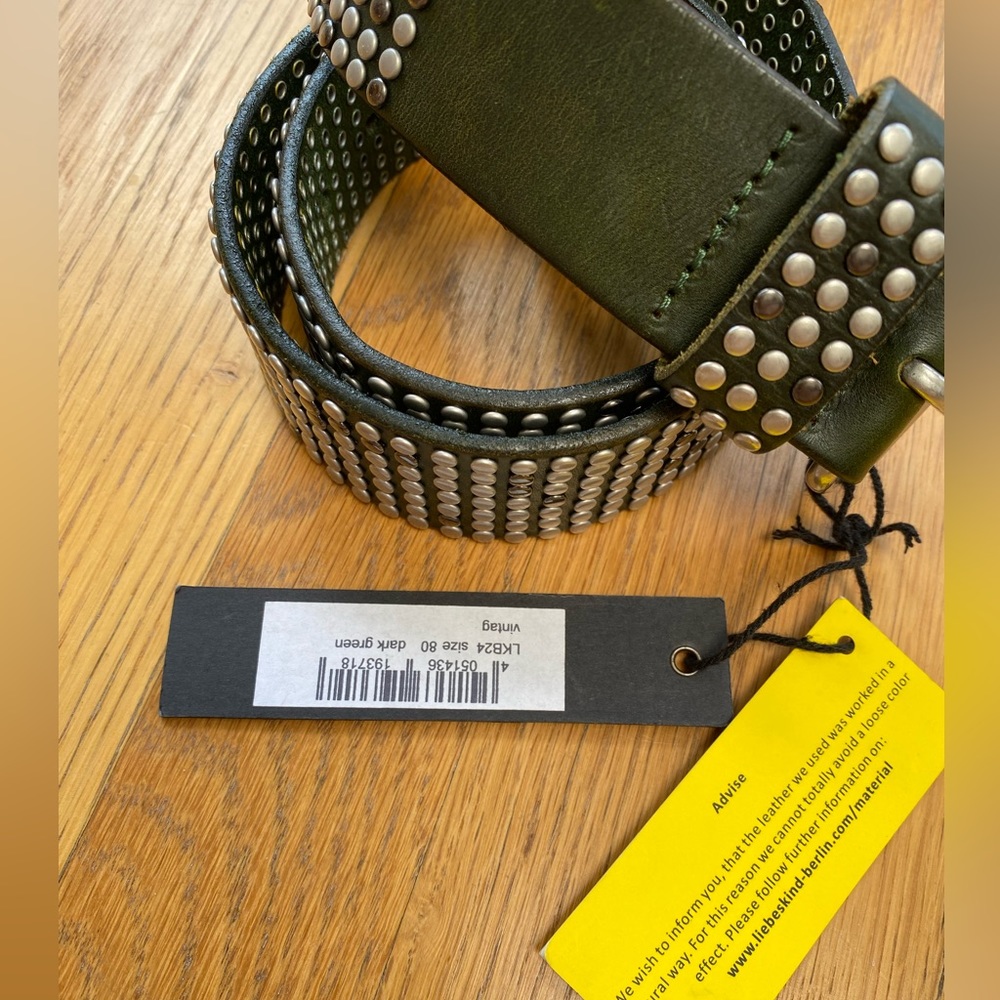 Liebeskind Berlin dark green universal leather studded belt NWT